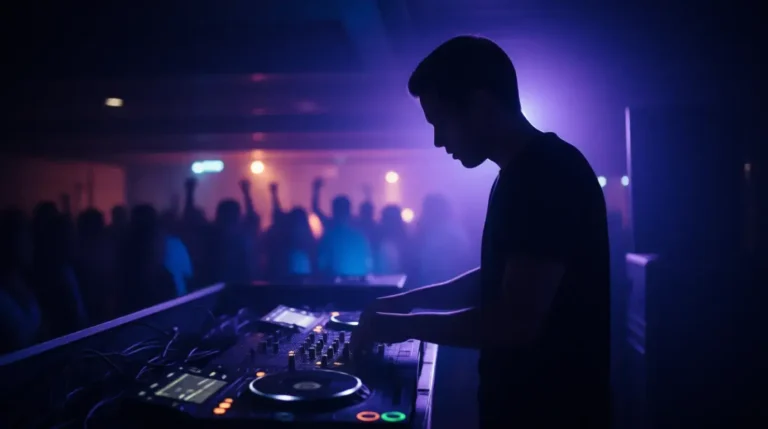 aximiliano Camacho Jones DJ performance with electronic music equipment in New York nightclub